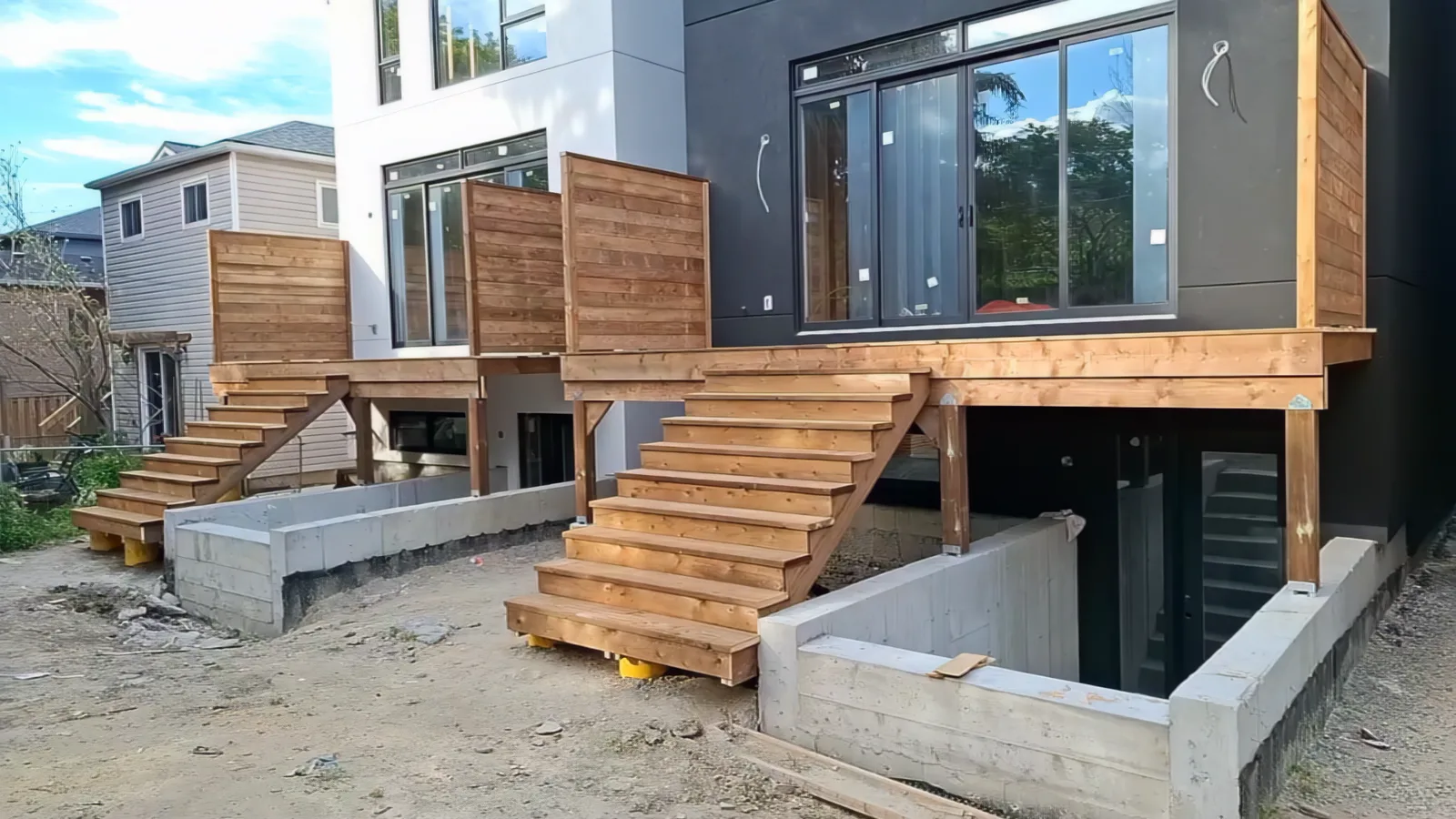 Modern Toronto townhome deck build with natural wood decking and railing — completed decks final reveal